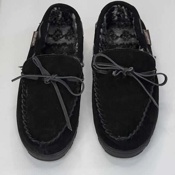 The Original Muk Luks Men’s Black Suede Moccasin Slippers Size 9 Faux Fur Lined - Picture 1 of 10